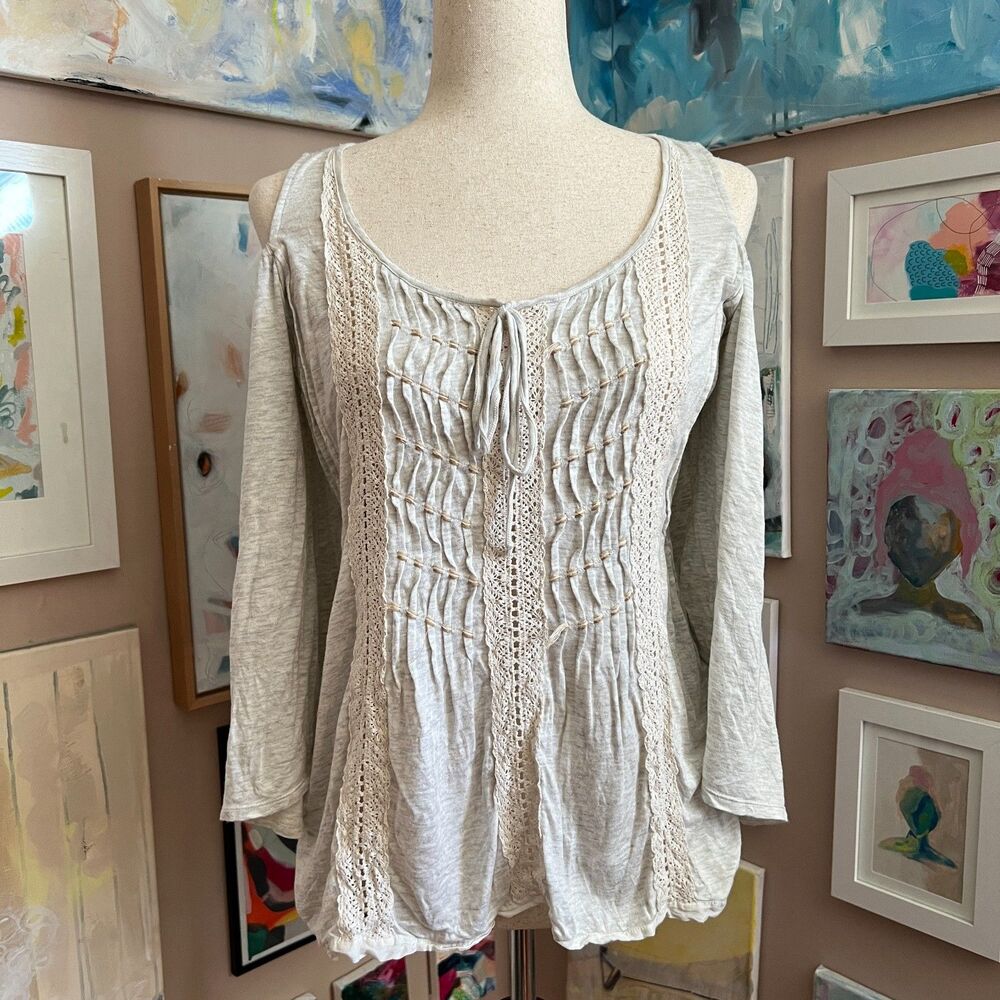 Hale Bob Boho Cream Lace Trim Cold Shoulder Top Size S Cottagecore Romantic